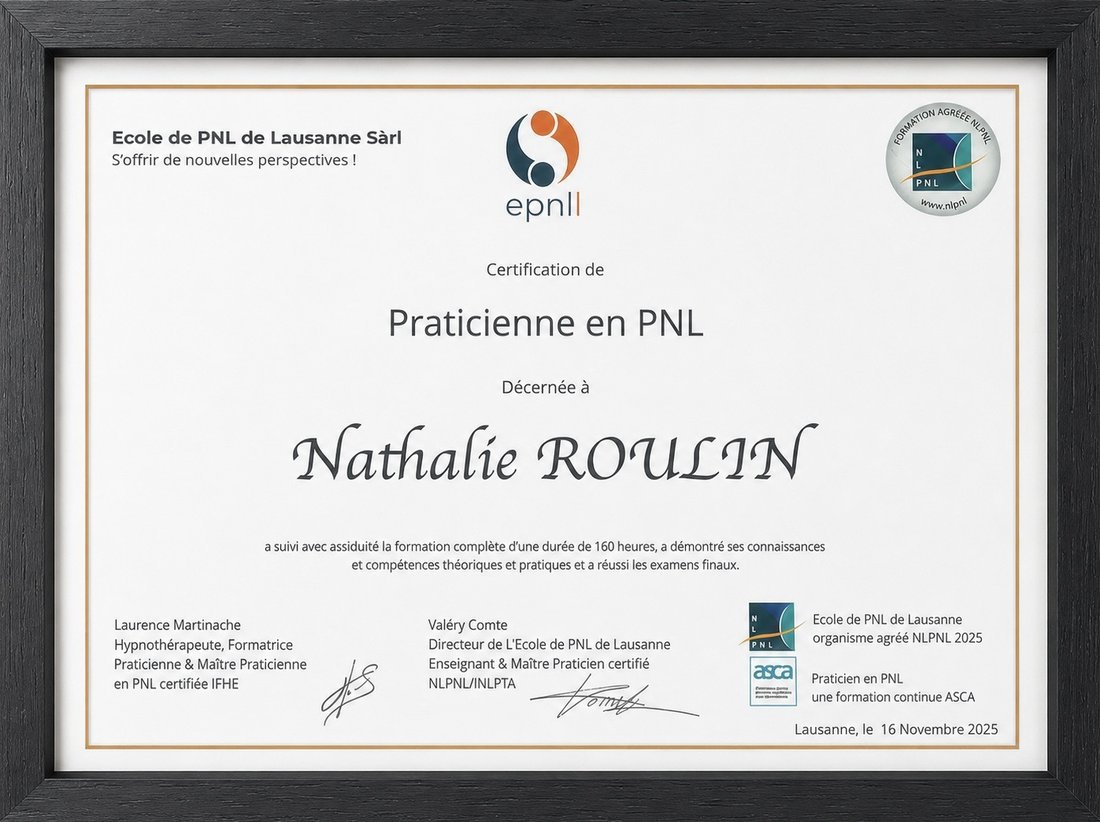 Certification Praticienne en PNL décernée à Nathalie Roulin, École de PNL de Lausanne