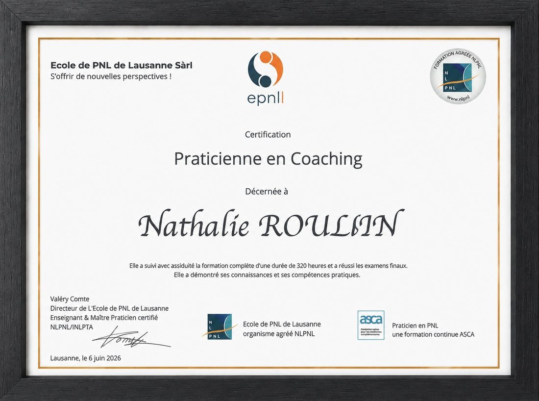 Certification Praticienne en Coaching décernée à Nathalie Roulin, École de PNL de Lausanne