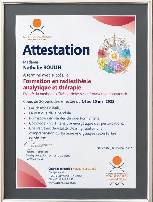 Attestation Formation en radiesthésie analytique et thérapie, décernée à Nathalie Roulin, Centre de formation Vital Ressource